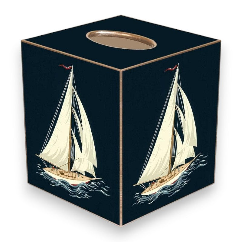 Mellow Monkey papier mache tissue box cover featuring a navy blue sailboat design with gold painted edges.