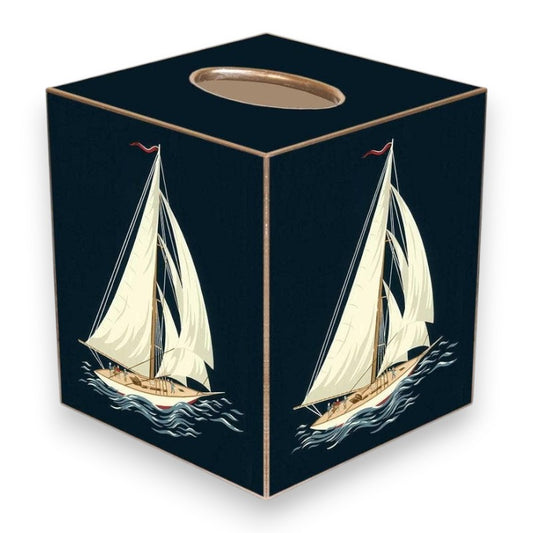 Mellow Monkey papier mache tissue box cover featuring a navy blue sailboat design with gold painted edges.