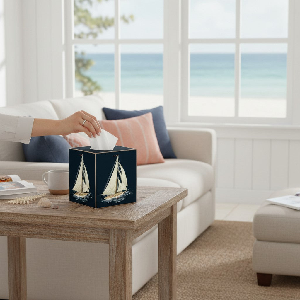 Mellow Monkey papier mache tissue box cover featuring a sailboat and anchor design on a coastal living room table.
