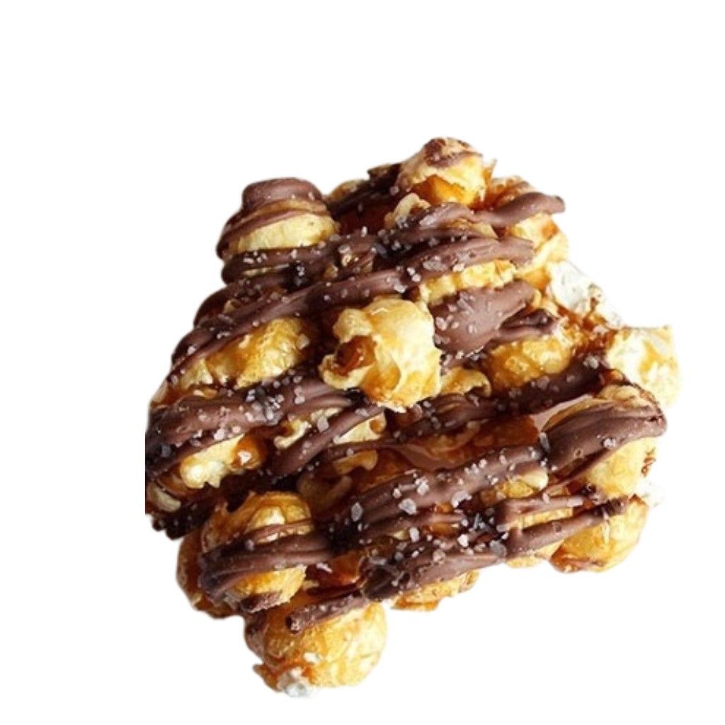 Mellow Monkey salted chocolate caramel popcorn drizzled with artisanal Guittard chocolate and sea salt flakes