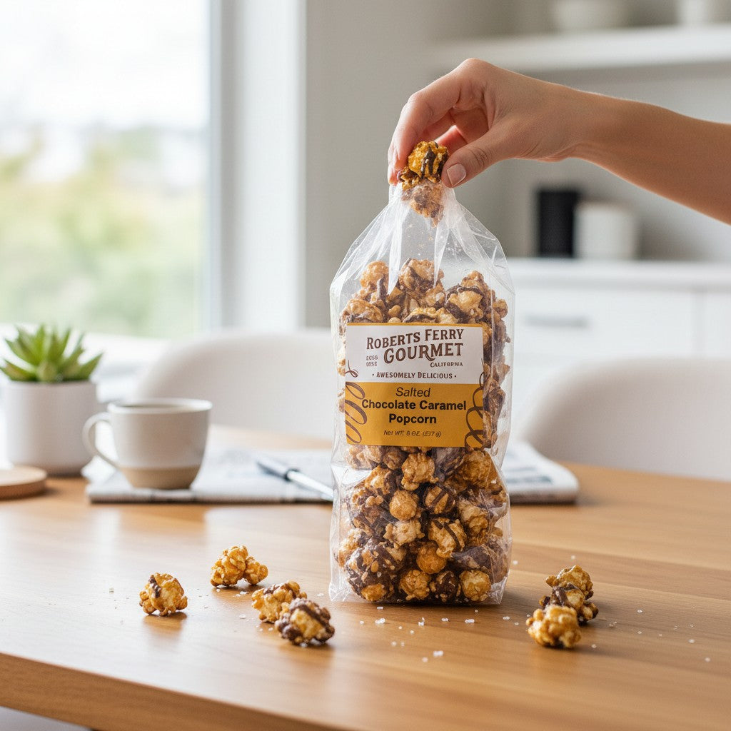 Mellow Monkey gourmet salted chocolate caramel popcorn in a clear bag held by a hand on a wooden table.