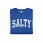 Mellow Monkey Salty Graphic Sweatshirt in heather royal blue with distressed white lettering. Crewneck, relaxed fit.