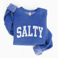 Mellow Monkey Salty Graphic Sweatshirt in heather royal blue, crewneck with white distressed "SALTY" graphic. Soft fabric, relaxed fit.