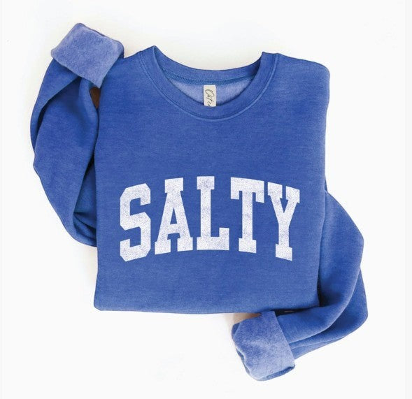 Mellow Monkey Salty Graphic Sweatshirt in heather royal blue, crewneck with white distressed "SALTY" graphic. Soft fabric, relaxed fit.