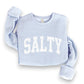 Mellow Monkey light blue crewneck sweatshirt with white "SALTY" graphic. Soft, comfortable fabric, relaxed fit.