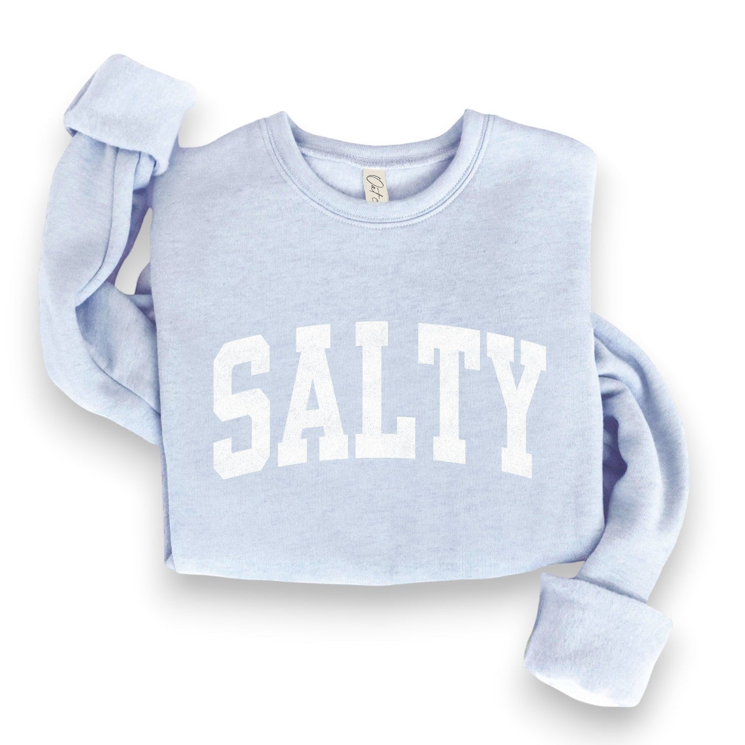 Mellow Monkey light blue crewneck sweatshirt with white "SALTY" graphic. Soft, comfortable fabric, relaxed fit.
