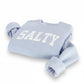 Mellow Monkey light blue crewneck sweatshirt with white "SALTY" graphic. Soft fabric, relaxed fit.