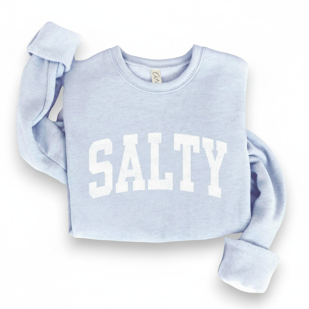 Mellow Monkey light blue crewneck sweatshirt with white "SALTY" graphic. Relaxed fit, soft fabric.