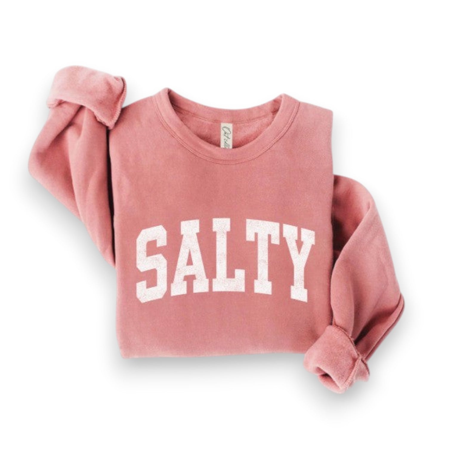 Mellow Monkey Salty Graphic Sweatshirt in Nantucket Mauve. Cozy crewneck with bold white "SALTY" graphic. Relaxed fit, soft fabric.