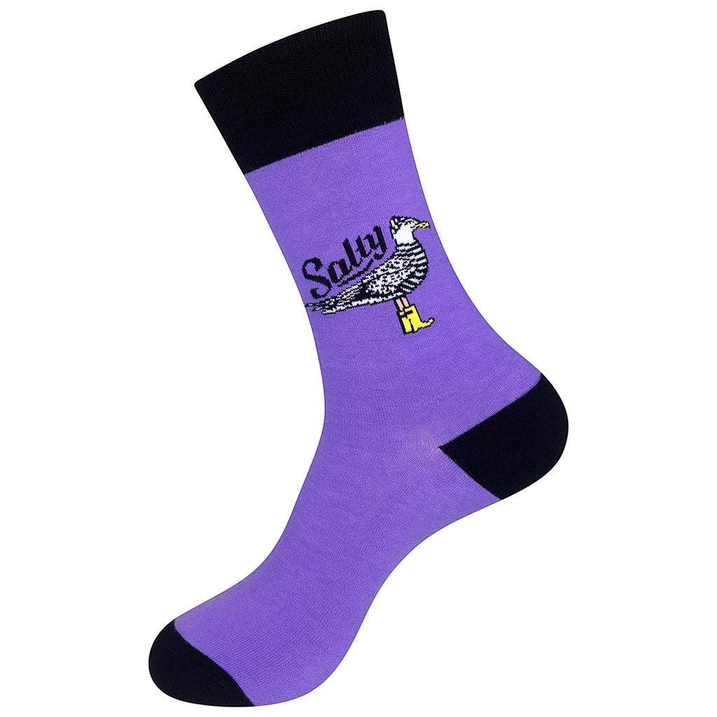 Mellow Monkey lavender cotton blend socks featuring a seagull in yellow rain boots with the text Salty