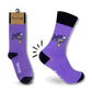 Mellow Monkey lavender novelty socks featuring a seagull in yellow rain boots with the text Salty