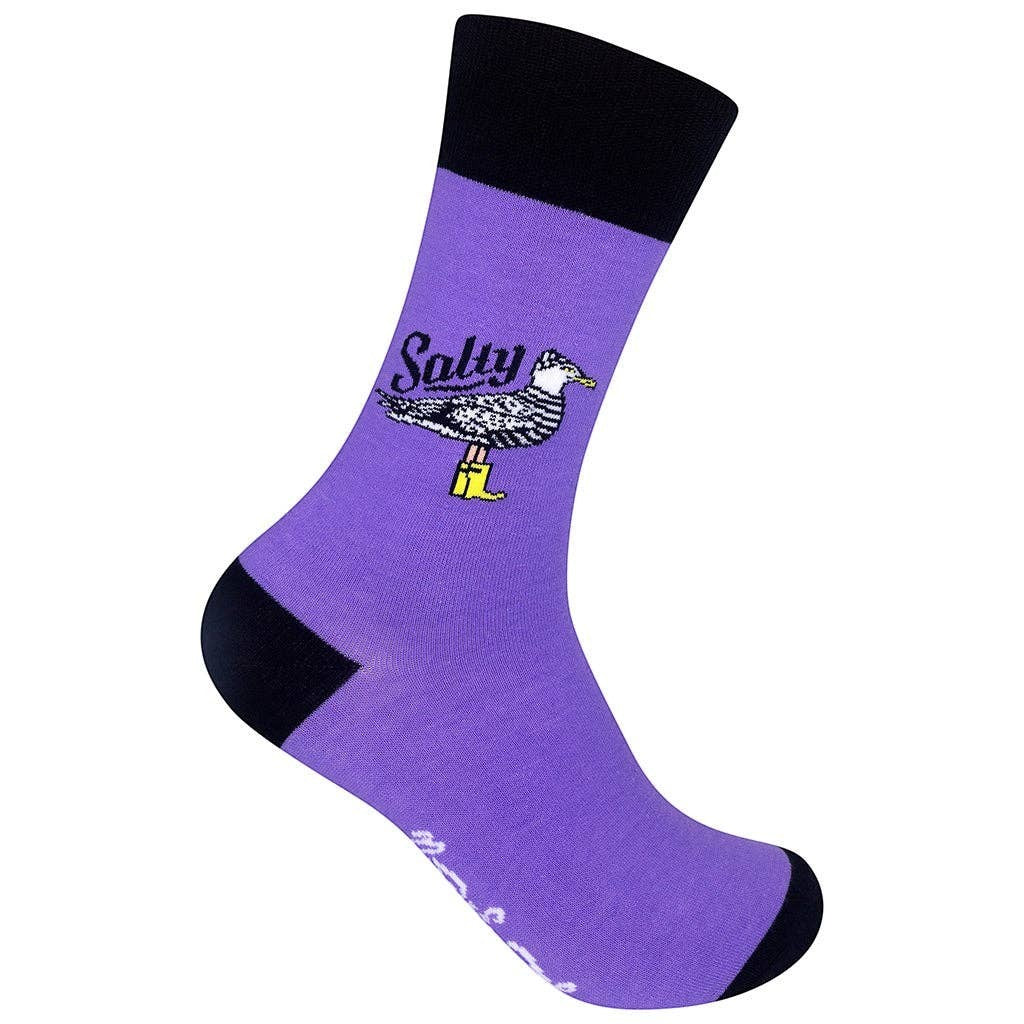 Mellow Monkey lavender novelty socks featuring a seagull in yellow rain boots with the word Salty printed above