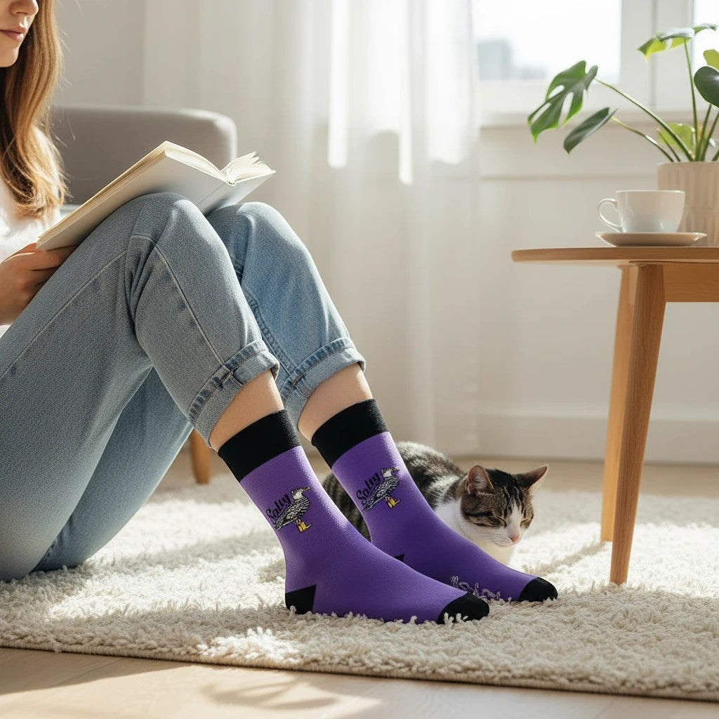 Mellow Monkey lavender Salty seagull novelty socks with black cuffs worn by a woman sitting on a rug with a cat.