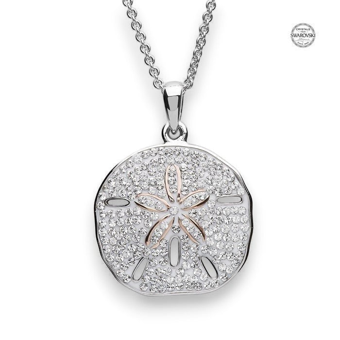 Mellow Monkey Sand Dollar necklace with Swarovski crystals on a sterling silver chain. Features a rose gold center.