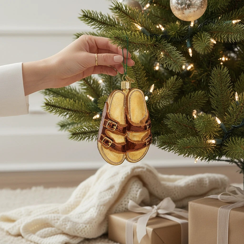 Mellow Monkey Old World Christmas blown glass sandal ornament, gold glitter with brown straps, 4-inch.