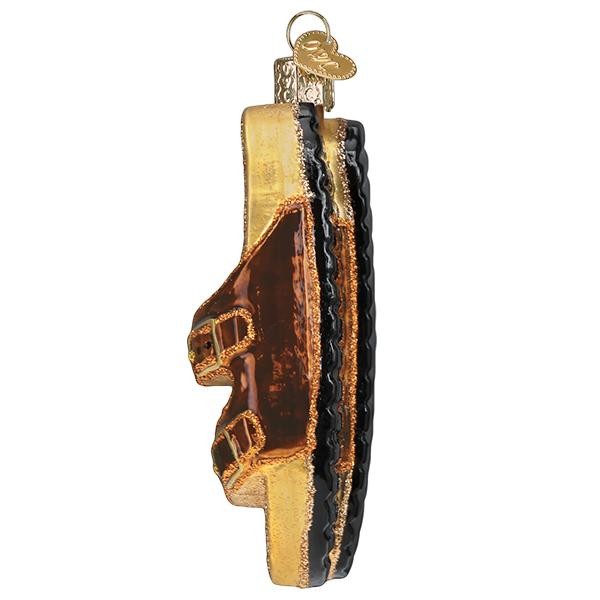 Mellow Monkey Old World Christmas blown glass sandal ornament, 4-inch, brown and gold with black sole.