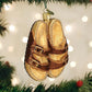 Mellow Monkey Old World Christmas blown glass sandal ornament, gold and brown with glitter accents.