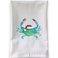 Mellow Monkey Santa Clawdia flour sack towel featuring a blue crab wearing a festive red Santa hat on white cotton.