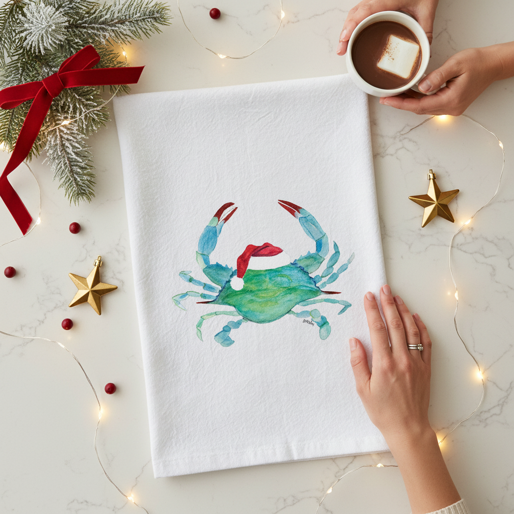 Mellow Monkey white cotton flour sack towel featuring a watercolor blue crab wearing a Santa hat on a festive table.