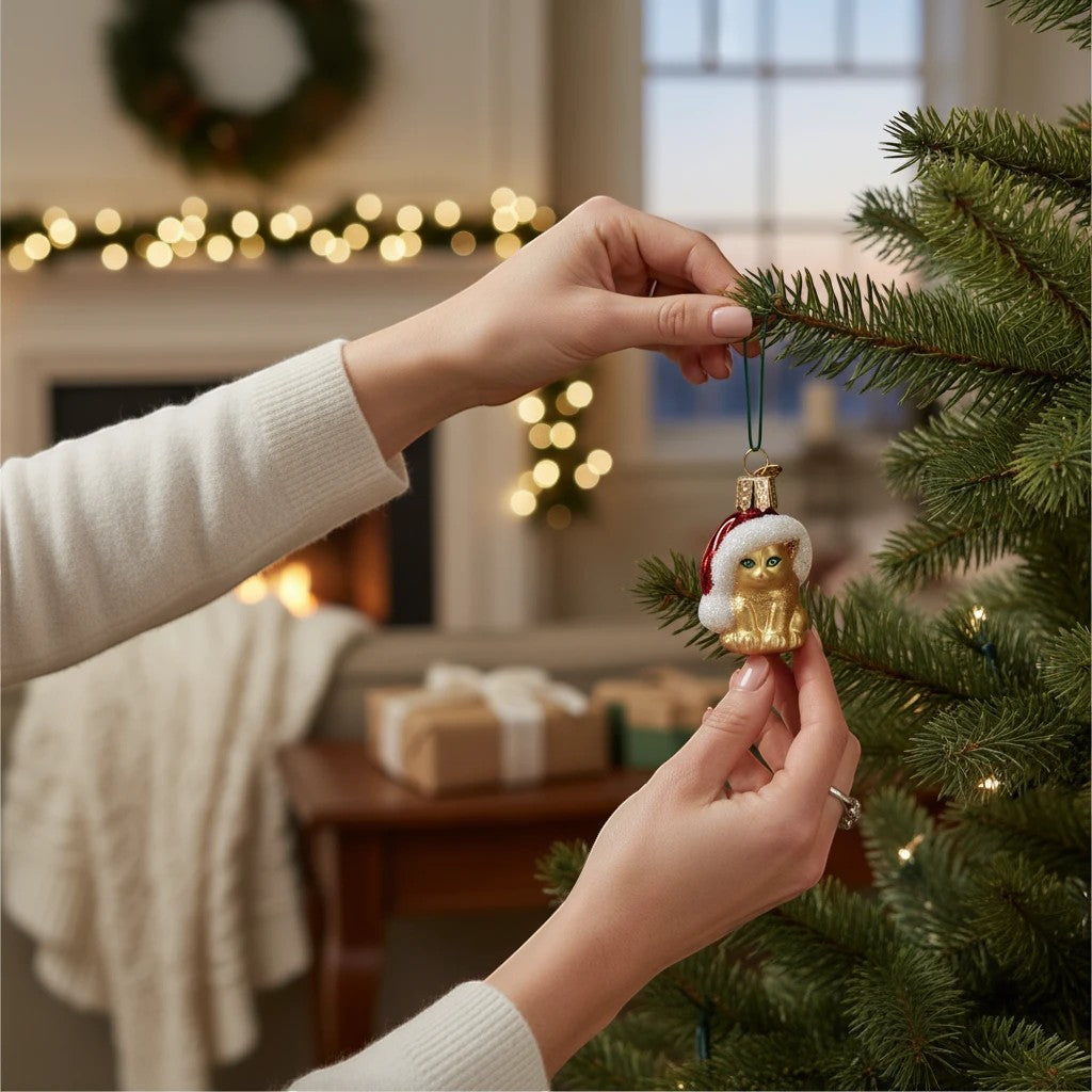 Mellow Monkey Mini Santa's Kitten glass ornament, hand-painted gold kitten wearing Santa hat, 2 inches tall.