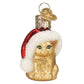 Mellow Monkey Mini Santa's Kitten glass ornament with red Santa hat and glitter accents. Green eyes.