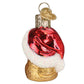 Mellow Monkey Mini Santa's Kitten glass ornament, red and gold with white glitter trim. A playful holiday decoration.