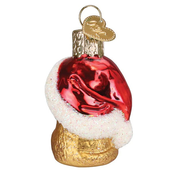 Mellow Monkey Mini Santa's Kitten glass ornament, red and gold with white glitter trim. A playful holiday decoration.