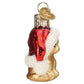 Mellow Monkey Mini Santa's Kitten glass ornament with red Santa hat and glittery trim. 2-inch.