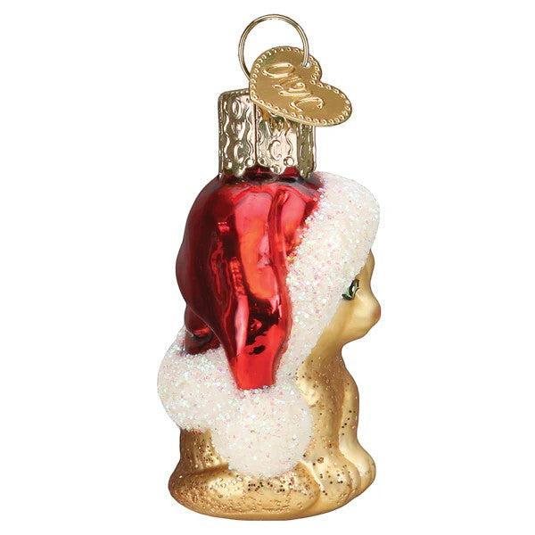 Mellow Monkey Mini Santa's Kitten glass ornament with red Santa hat and glittery trim. 2-inch.