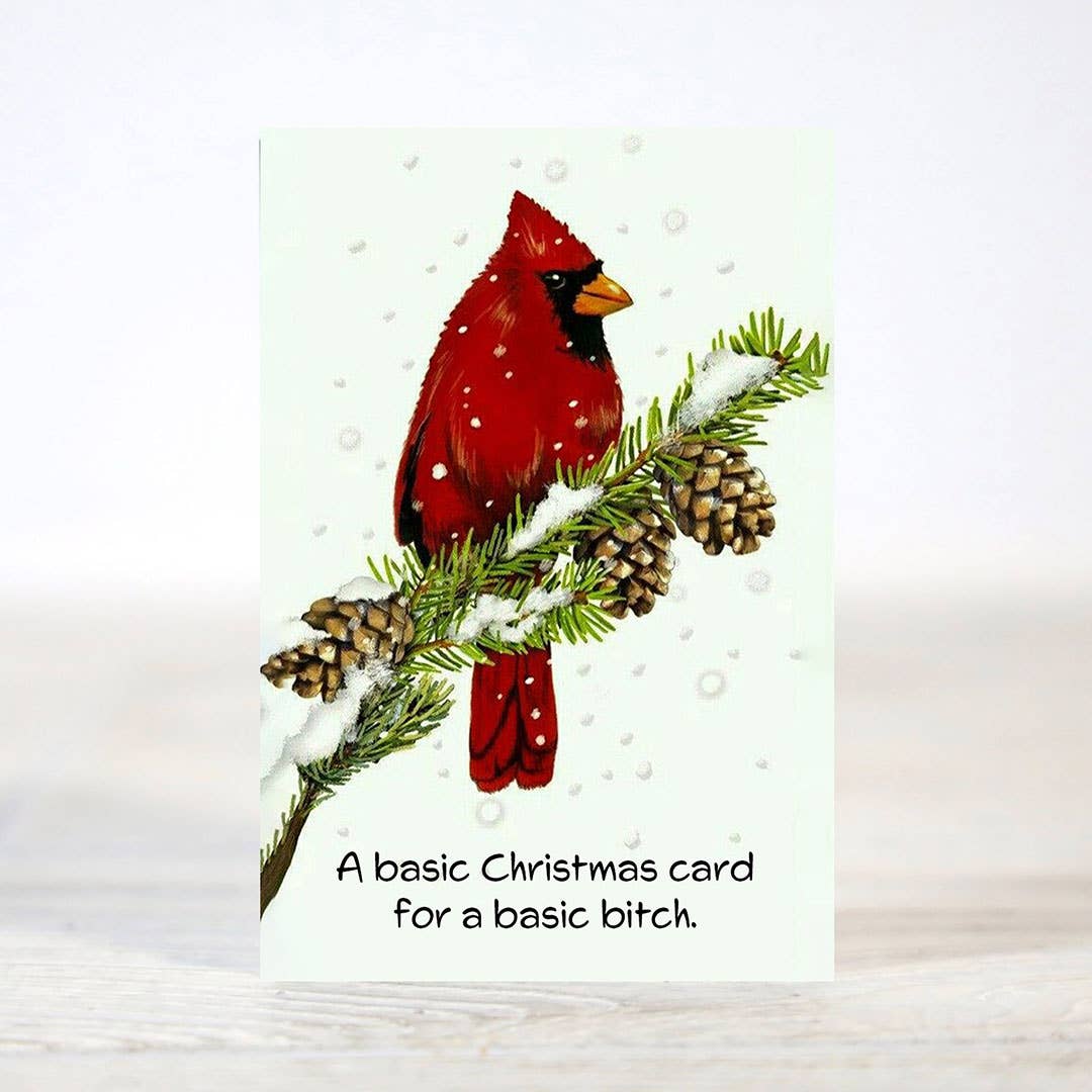 Mellow Monkey sarcastic Christmas card featuring a red cardinal on a snowy pine branch with pinecones