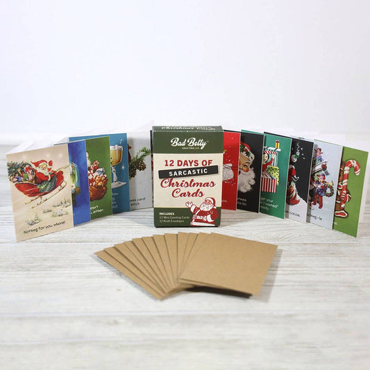 Mellow Monkey 12 Days of Sarcastic Christmas mini card set with 12 humorous holiday cards and kraft envelopes.
