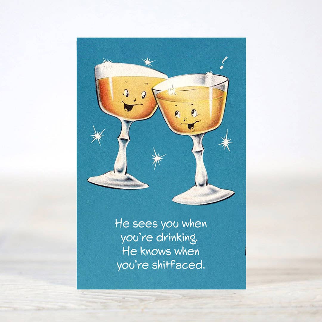 Mellow Monkey sarcastic Christmas card featuring two cartoon champagne glasses on a blue background