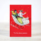 Mellow Monkey sarcastic Christmas card featuring a vintage-style illustration of a couple riding in a red sleigh.