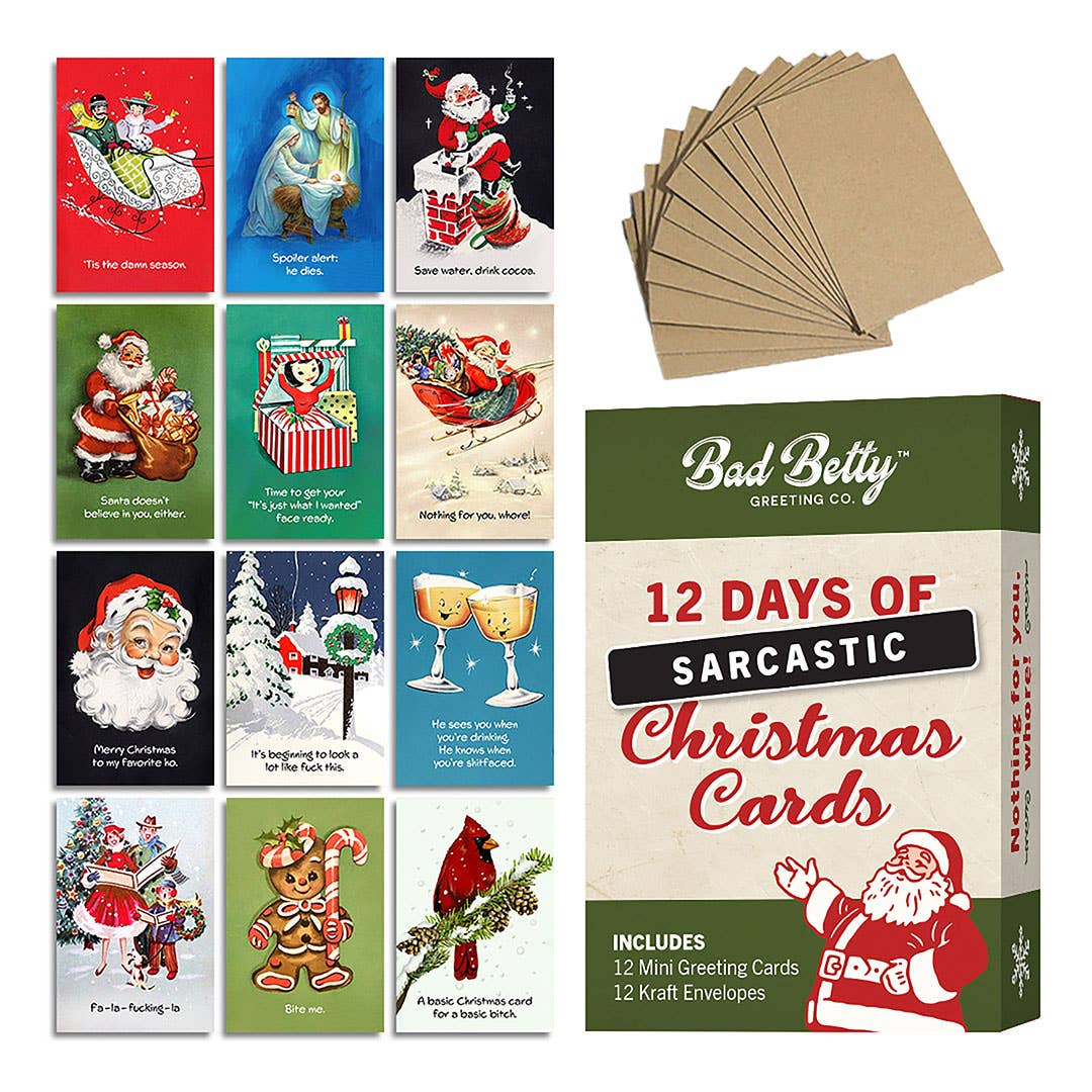 Mellow Monkey 12 Days of Sarcastic Christmas mini card set with 12 funny holiday cards and kraft envelopes.