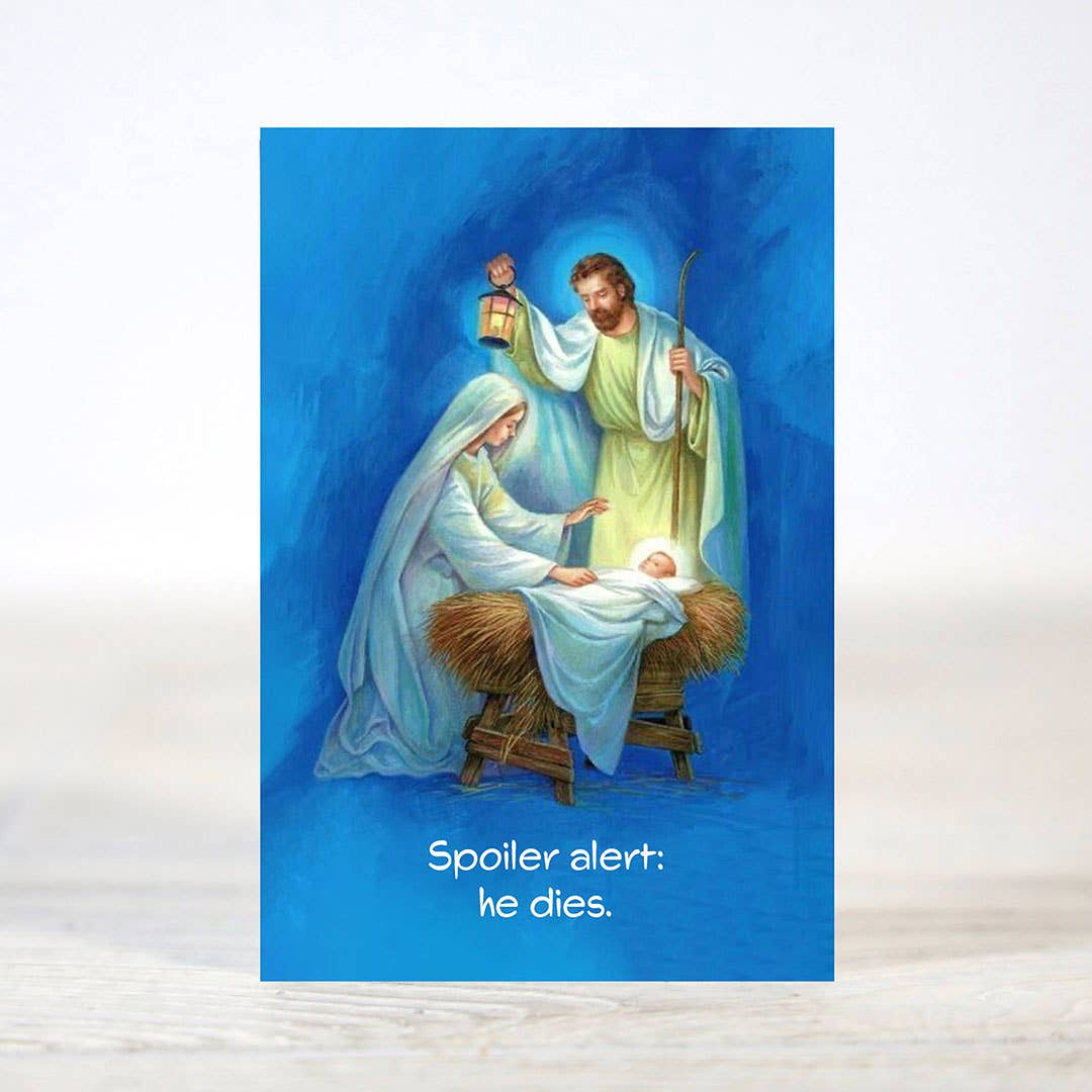 Mellow Monkey mini Christmas card featuring a nativity scene illustration with the text Spoiler alert he dies