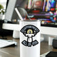 Mellow Monkey vinyl sticker with sarcastic religious text on a white tumbler on a desk