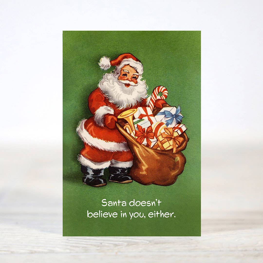 Mellow Monkey mini Christmas card featuring a vintage Santa illustration on a green background with sarcastic text.