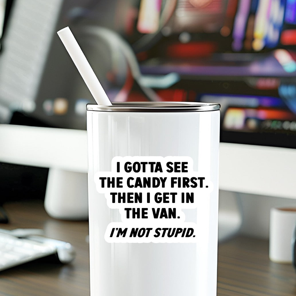 Mellow Monkey vinyl sticker with witty text on a white tumbler, featuring bold black typography on a desk.