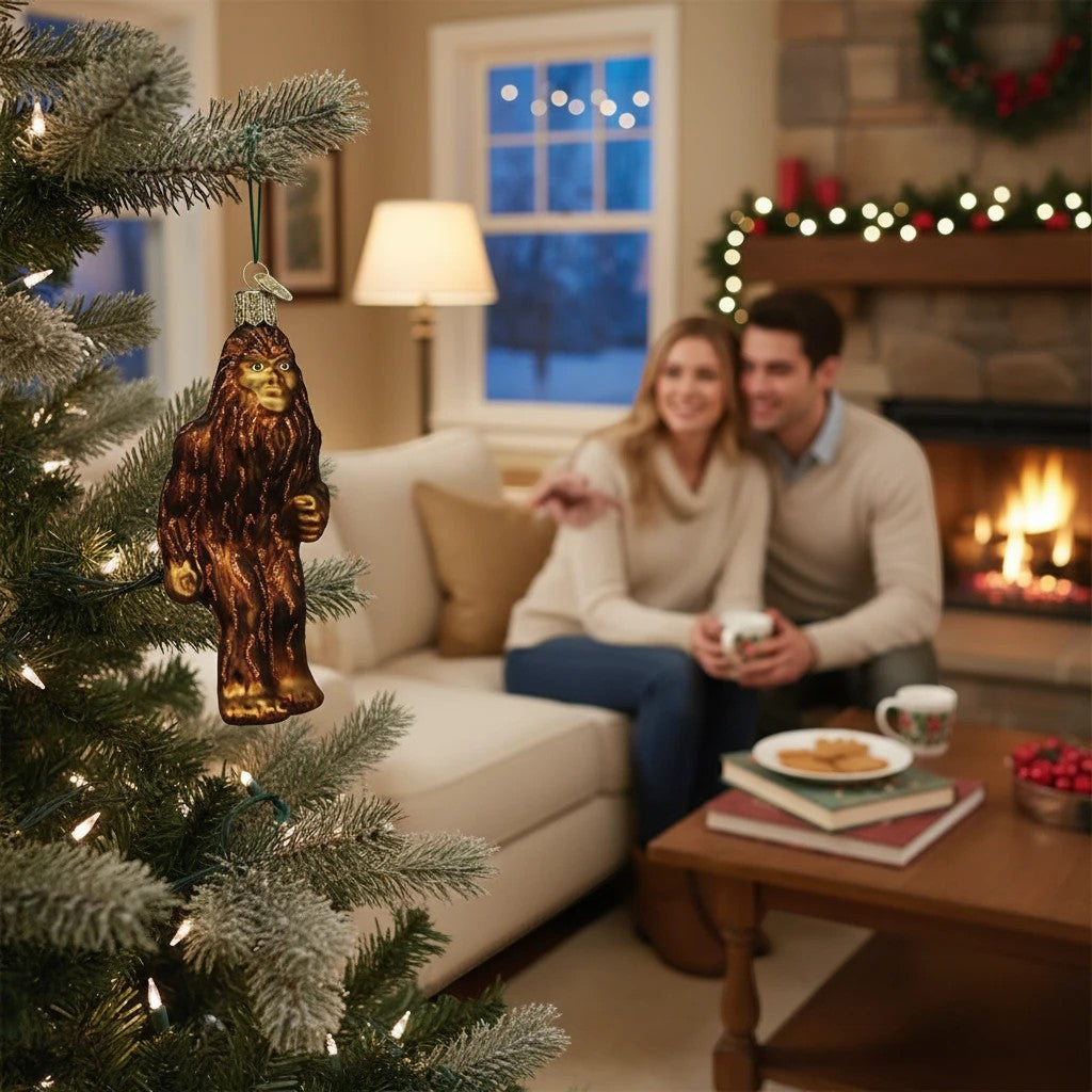 Mellow Monkey Sasquatch Old World Christmas blown glass ornament, brown, detailed fur texture, hanging on a tree.