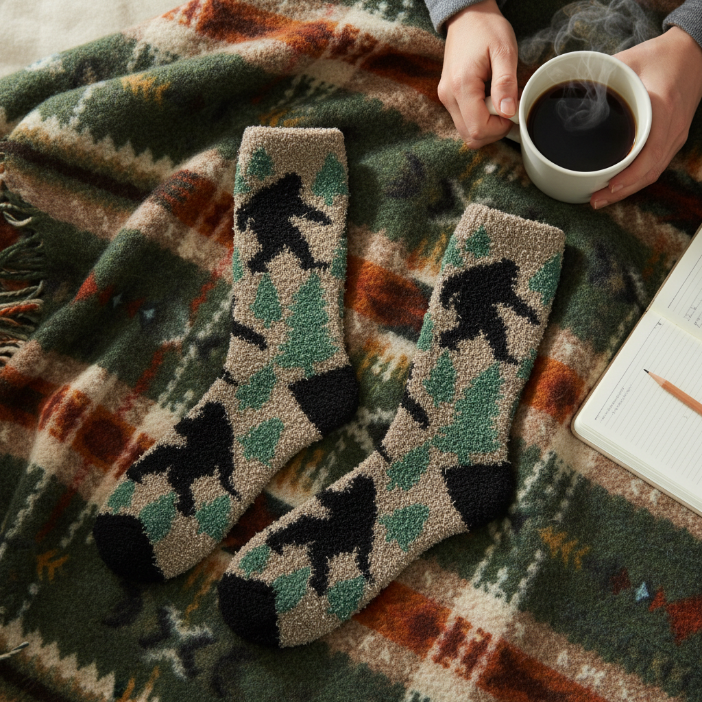 Mellow Monkey Sasquatch sleeper crew socks with a plush, fuzzy texture, featuring a black sasquatch and tree pattern.