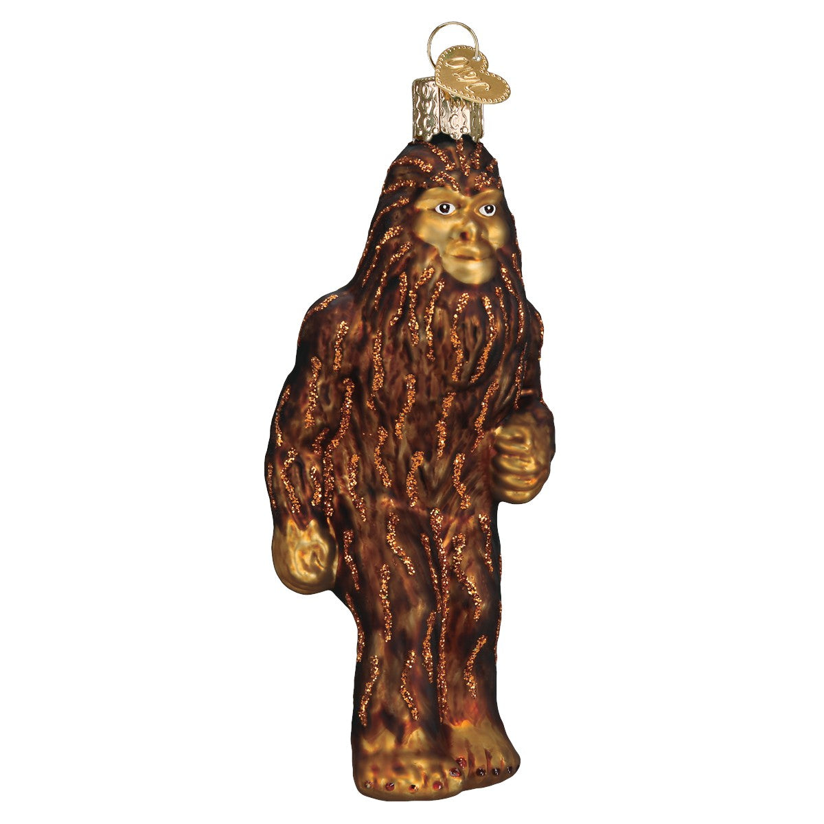 Mellow Monkey Sasquatch Old World Christmas blown glass ornament, brown with glitter accents, depicting Bigfoot.