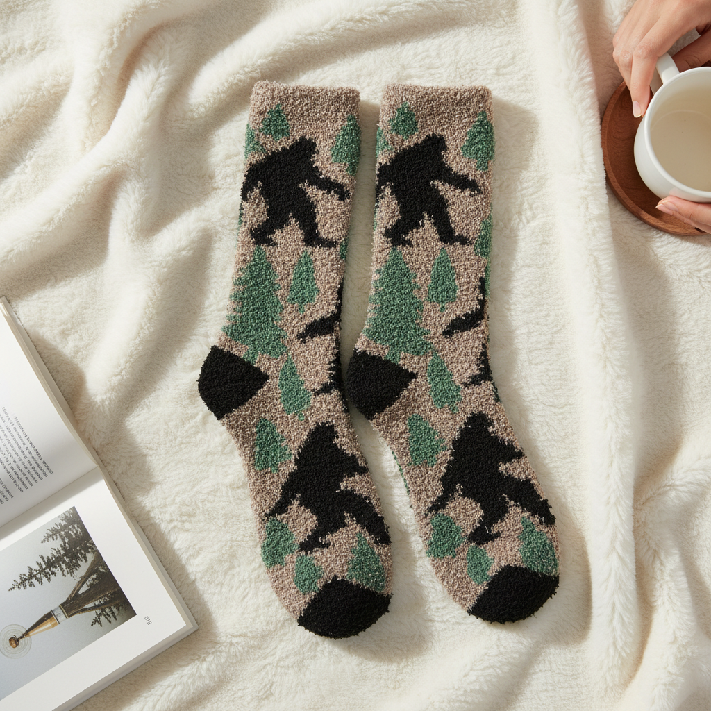 Mellow Monkey Sasquatch sleeper crew socks in plush beige, black, and green forest pattern on a soft white blanket.
