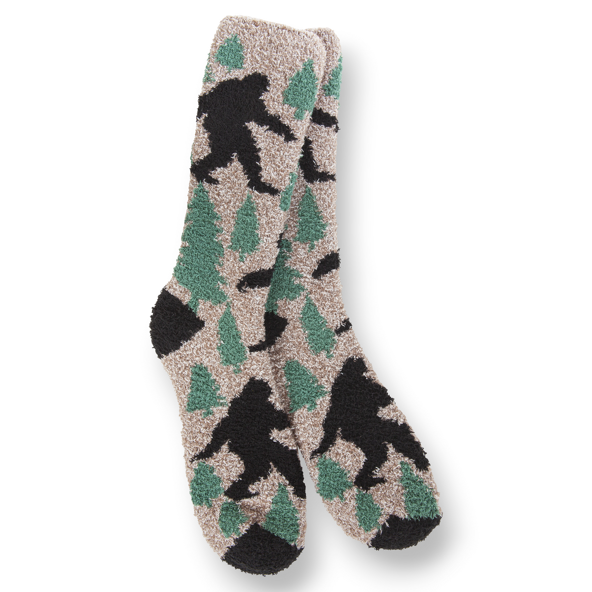 Mellow Monkey Sasquatch sleeper crew socks in beige with black sasquatch and green pine tree patterns