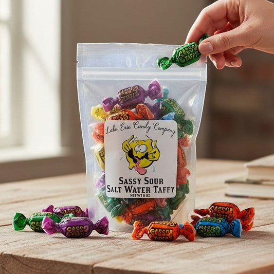 Mellow Monkey Sassy Sour Salt Water Taffy in assorted fruit flavors, 6-oz bag.