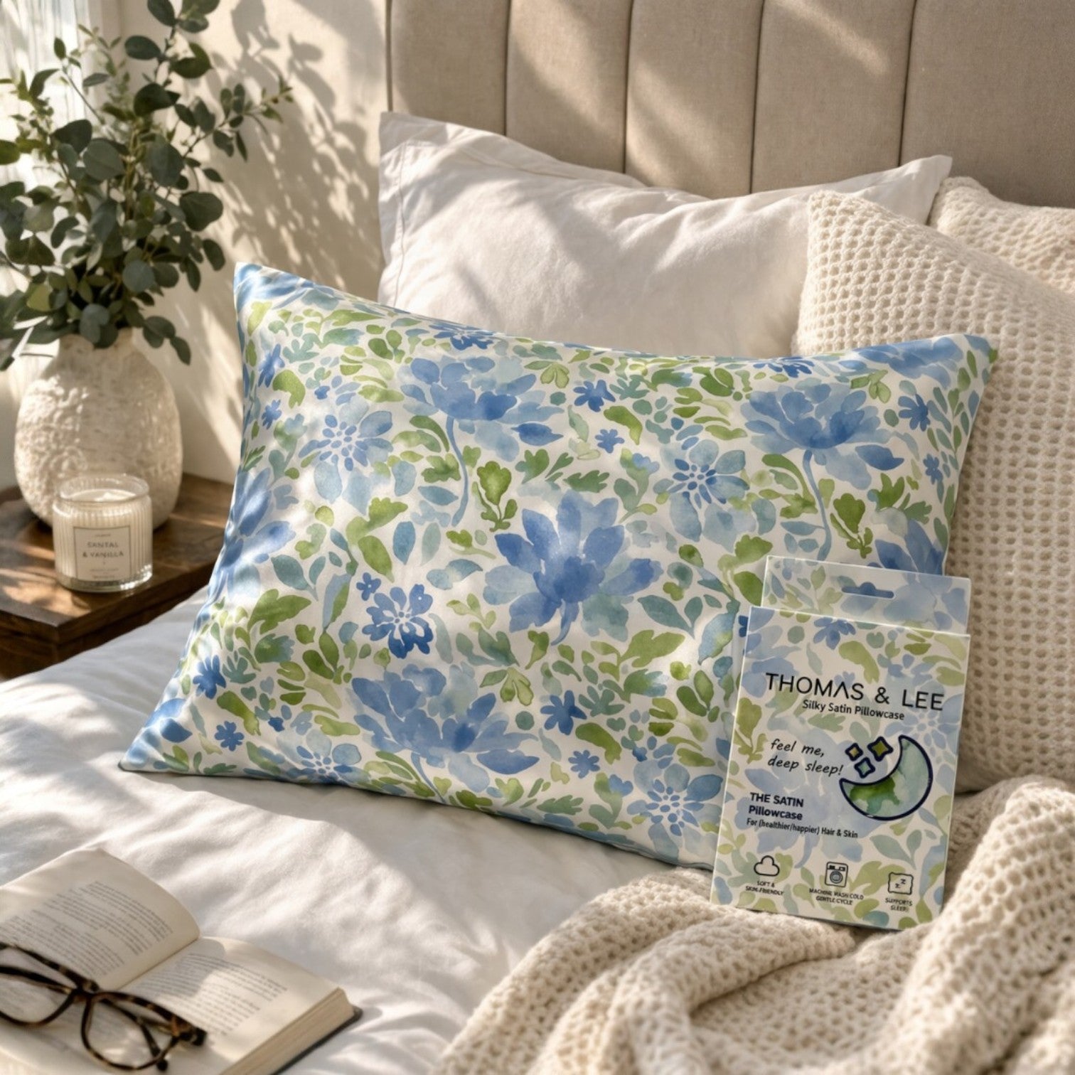Mellow Monkey Silky Satin Pillowcase in Blue Blossom floral print. Smooth, breathable satin.
