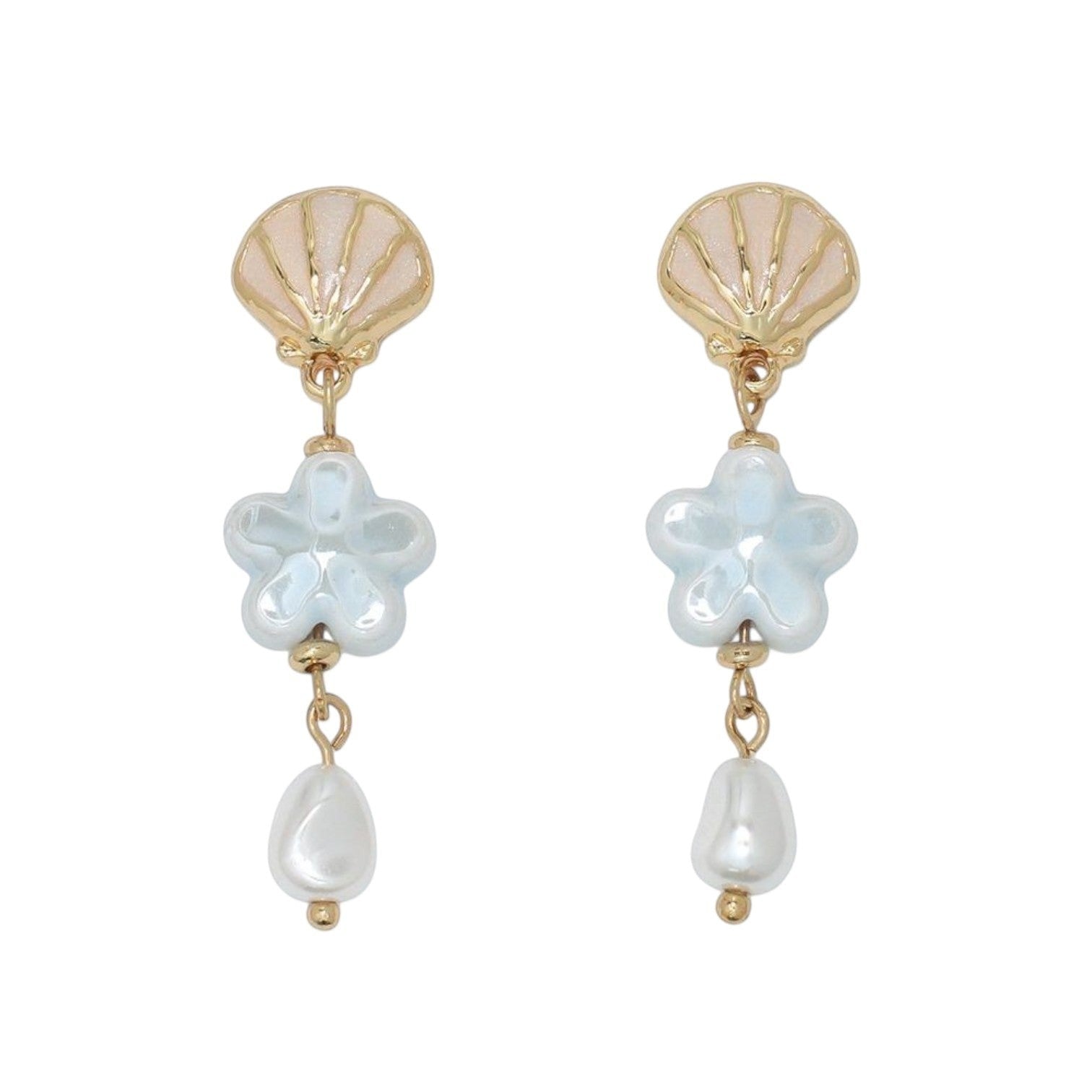Mellow Monkey scallop shell earrings featuring light blue ceramic flowers and white pearl drops in gold-tone metal.