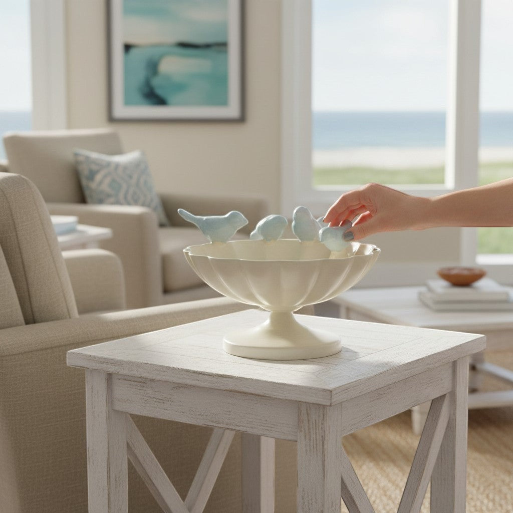 Mellow Monkey decorative scalloped cream metal bowl with three light blue cast iron birds perched on the rim.