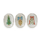 Mellow Monkey set of three stoneware scalloped dishes featuring festive Christmas tree, ornament, and mistletoe art.