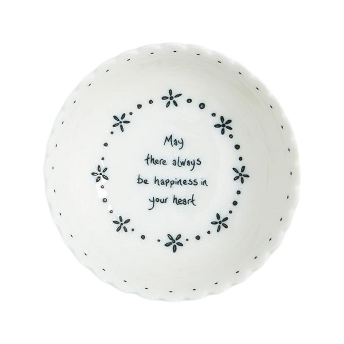 Mellow Monkey set of four white porcelain decorative bowls with scalloped edges and inspiring heartfelt messages.