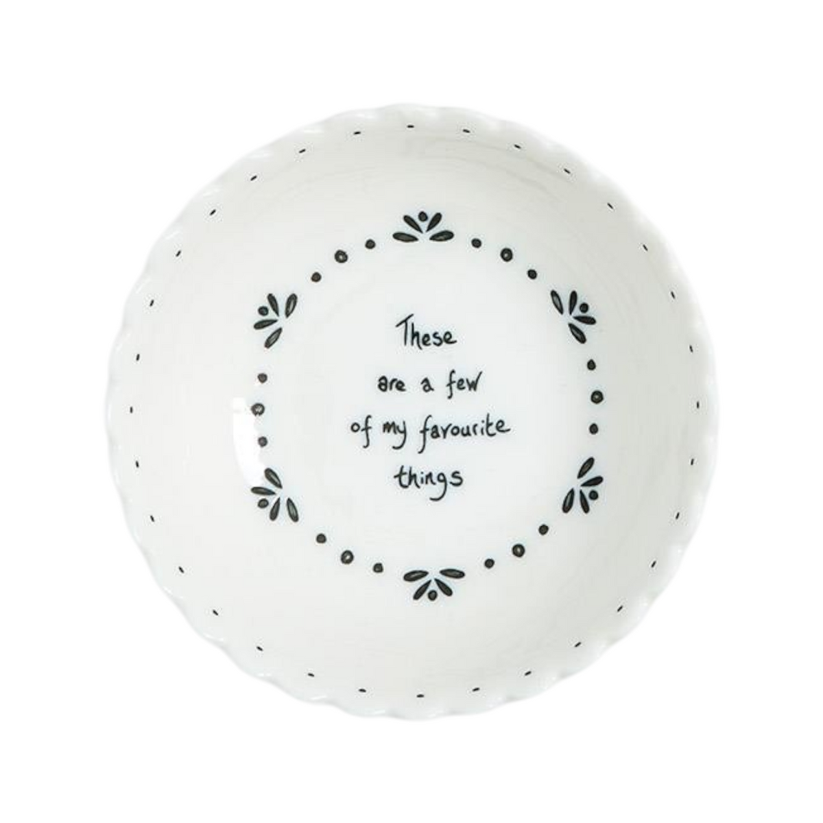 Mellow Monkey set of four white porcelain bowls with scalloped edges and inspiring messages in black text.